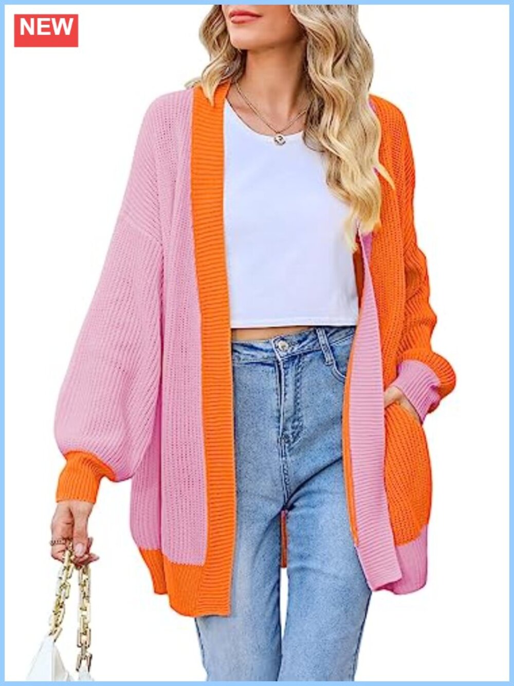 Oversized Ribbed Knit Open Front Cardigan with Pockets Batwing Sleeve